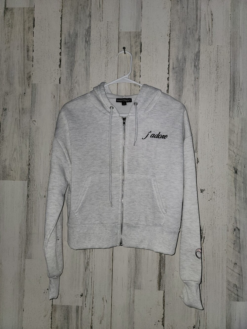 Harper & Ivy Light Gray Zip-Up Hoodie with "j'adore" Embroidery Nwt